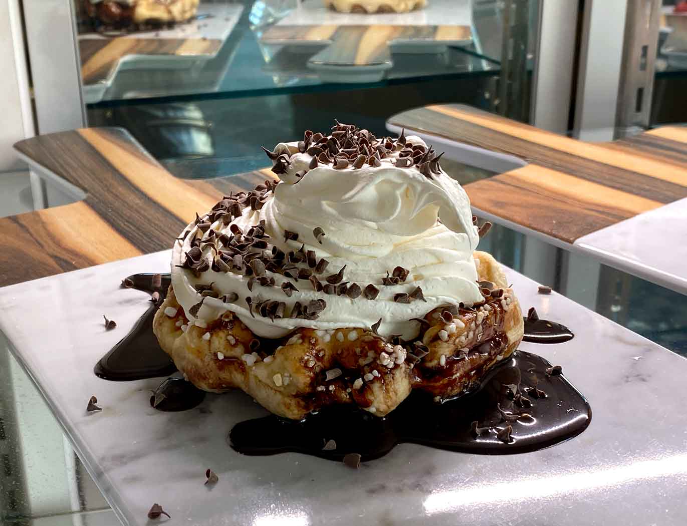 Marty’s Waffle with Dutch chocolate and whipped cream, plus a sprinkle of chocolate chips on top