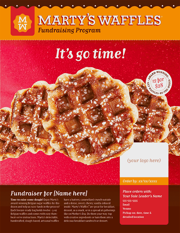 Marty’s Waffles Fundraiser sale promotion design: “It’s Go Time” theme for performance groups