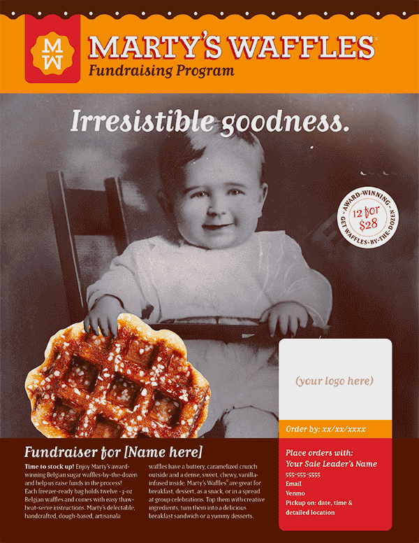Marty’s Waffles Fundraiser sale promotion design: “Irresistible Goodness” theme for non-profit organizations