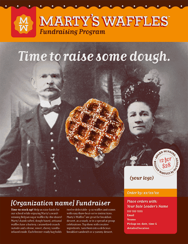 Marty’s Waffles Fundraiser sale promotion design: “Time to Raise Some Dough” classic theme for any fundraiser