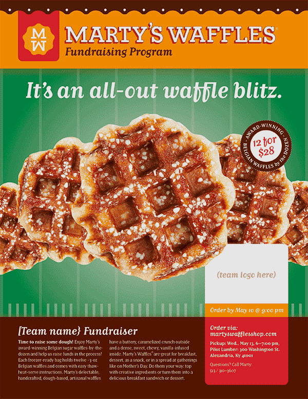 Marty’s Waffles Fundraiser sale promotion design: “All-Out Waffle Blitz” theme for football programs