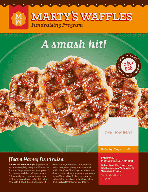 Marty’s Waffles Fundraiser sale promotion design: “A Smash Hit!” for baseball programs