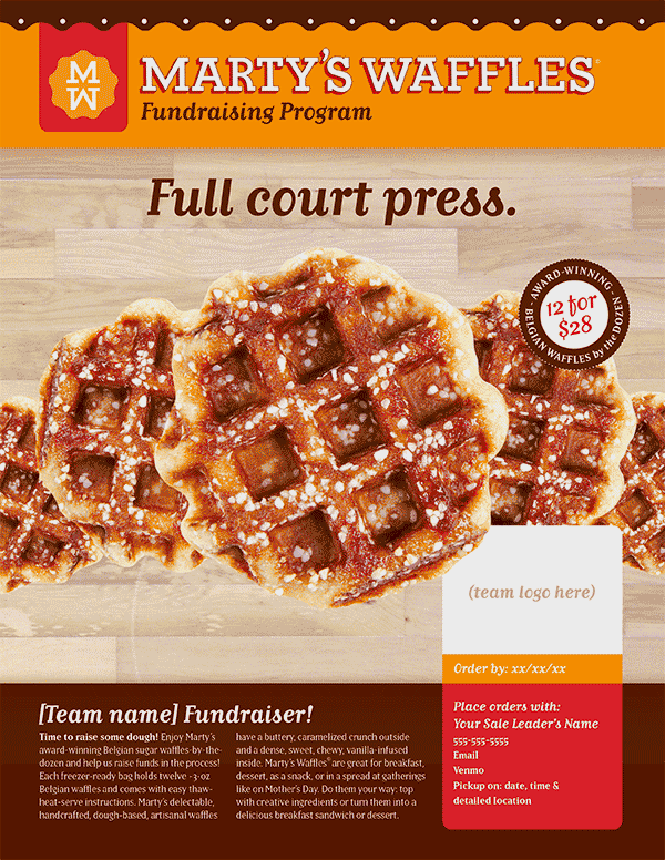 Marty’s Waffles Fundraiser sale promotion design: “Full Court Press” theme for basketball programs